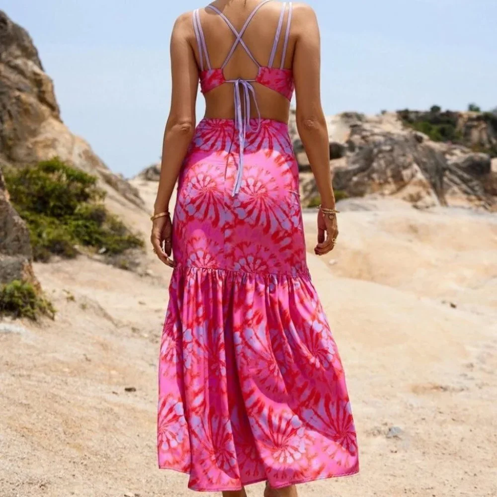 Boho Tie Dye Print Crisscross Tie Back Midi Dress